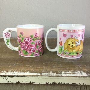 Vintage 90s Pink Cottagecore Graphic Rose Kitten Puppy Coffee Mug Set of Two